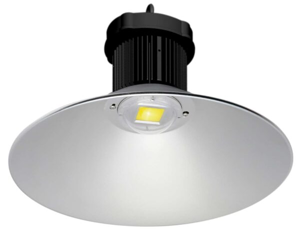 A suspended high-bay LED light fixture with a large, reflective aluminum shade and a visible LED chip in the center. The black heat sink on top helps with heat dissipation. The light is designed for industrial or commercial use.